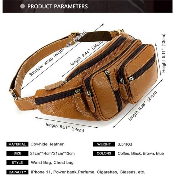 Genuine Leather Fanny Pack large capacity Crossbody Waist Bag with Zipper phone - Picture 2 of 7